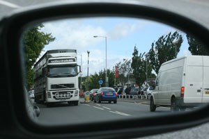 Wing mirror showing traffic